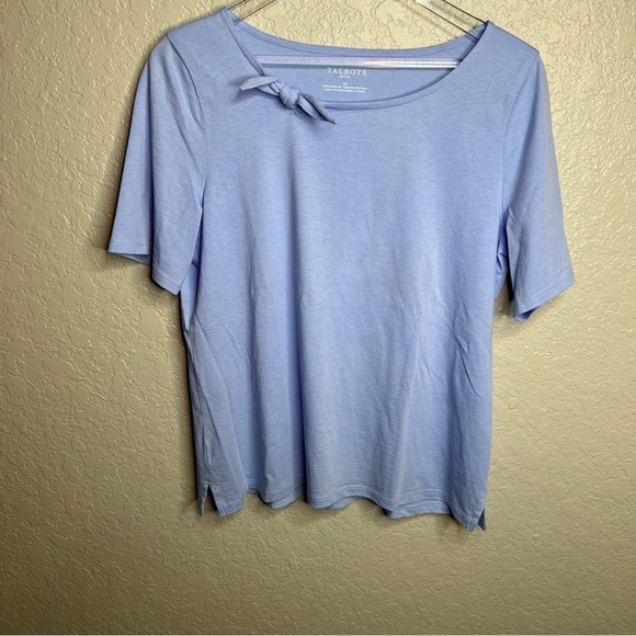 Blue Talbots Short Sleeve Blouse W/ Neckline Bow - Picture 2 of 8